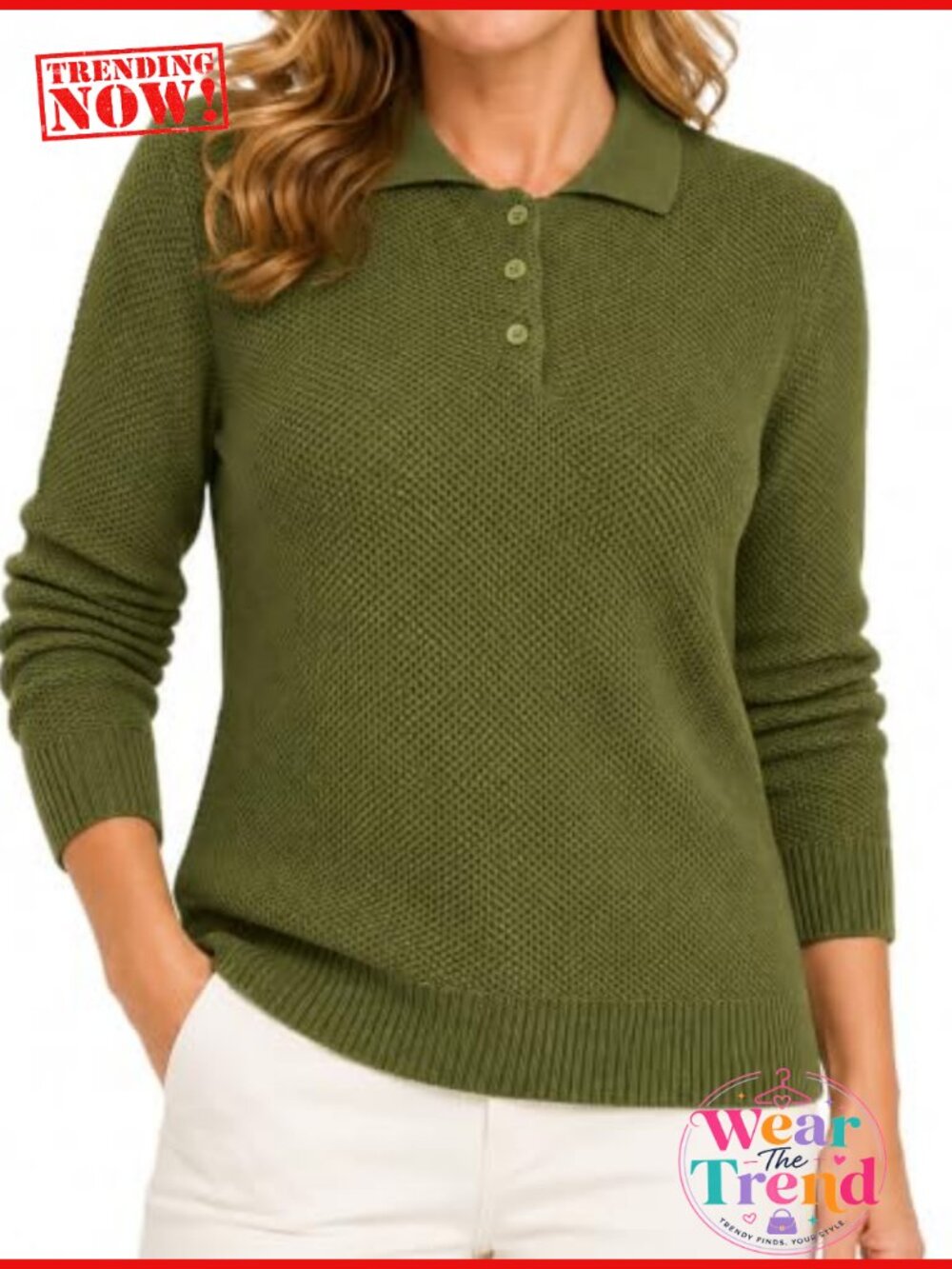 Waffle Knit Polo Sweater Cotton Collared Long Sleeve Pullover